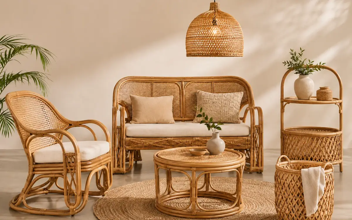 Ruang tamu gaya bohemian dengan set furnitur rotan Cirebon